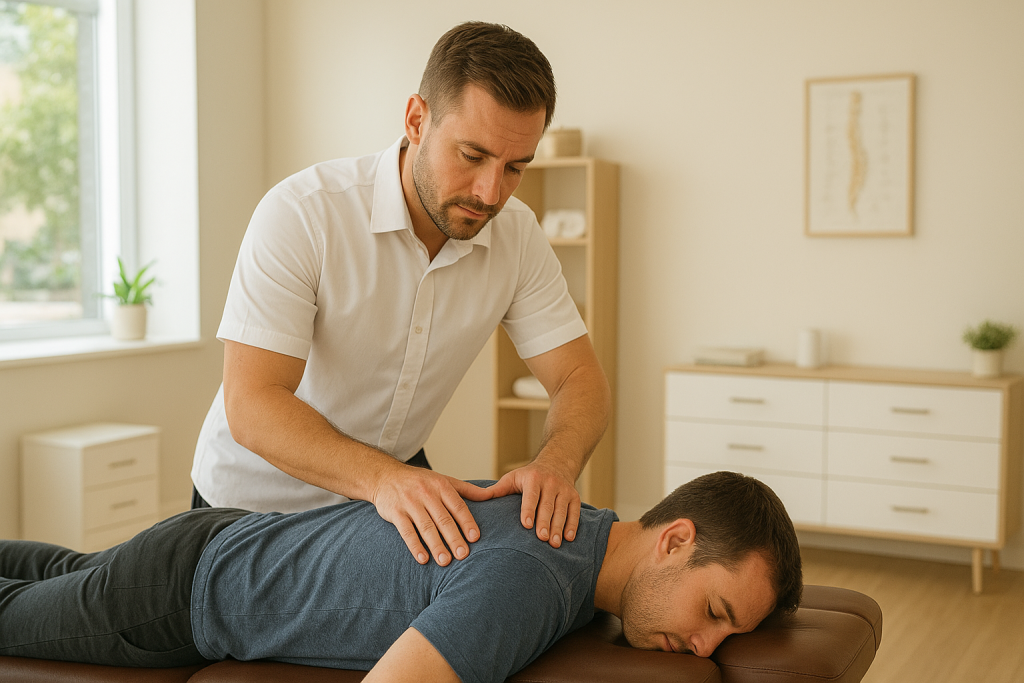 Local chiropractor performing a professional spinal adjustment in a modern clinic, providing safe and effective back pain relief and neck care near me.
