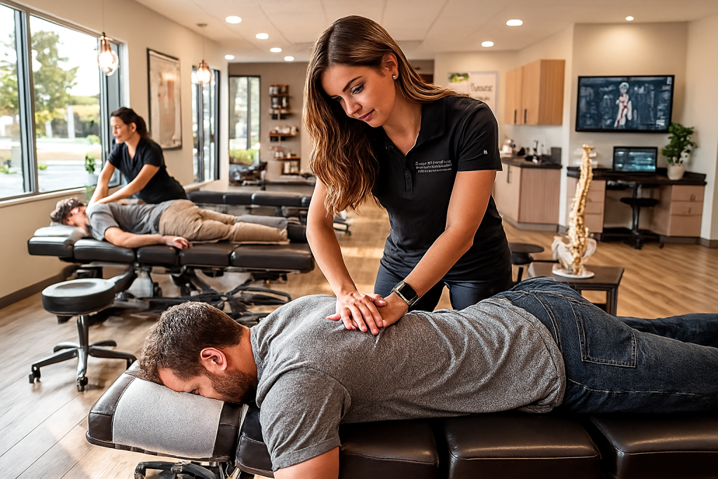 Chiropractor adjusting a patient’s spine while a massage therapist provides therapeutic care in a modern chiropractic clinic near Overland Park, KS, showcasing integrated treatment for pain relief and wellness.
