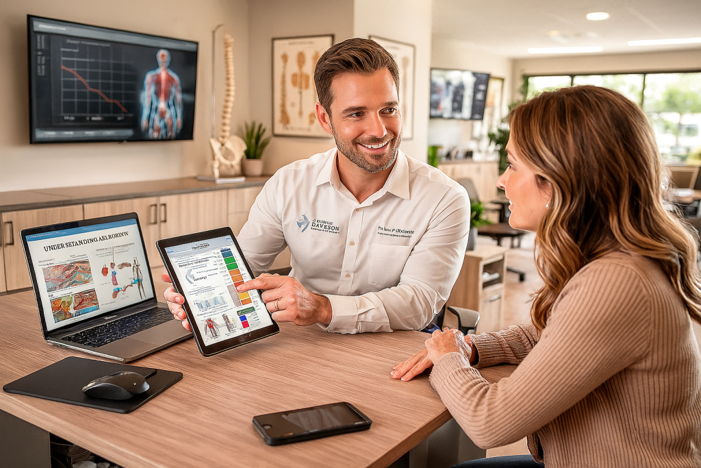 Dr. Jake Davidson consulting with a neuropathy patient at Davidson Family Chiropractic in Overland Park, KS, discussing advanced treatment options for nerve pain relief.