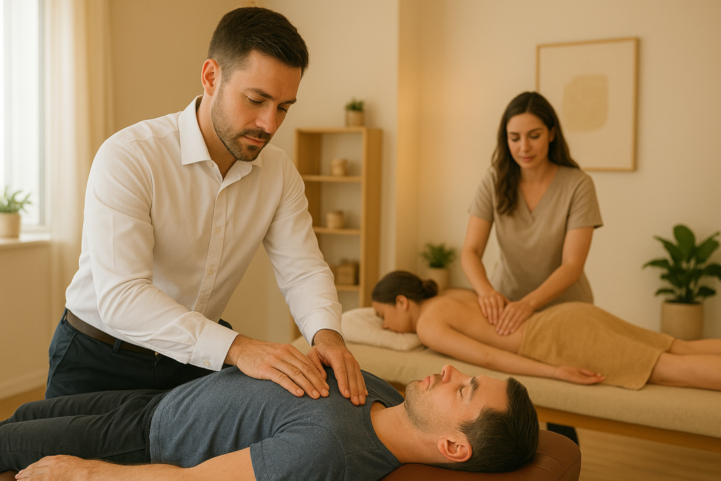 Chiropractor adjusting a patient’s spine while a massage therapist provides deep tissue massage in a modern Overland Park wellness clinic, showcasing integrated chiropractic and massage therapy for pain relief and recovery.