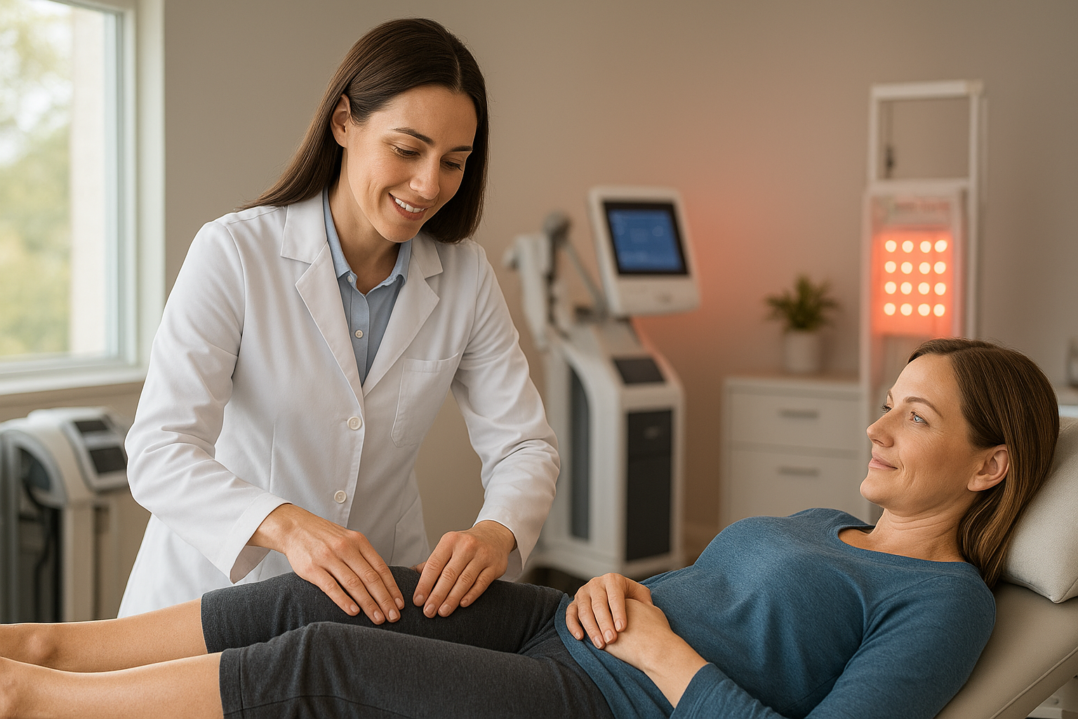 Chiropractor performing neuropathy treatment on a patient’s leg at Davidson Family Wellness in Overland Park, Kansas, highlighting advanced nerve care and pain relief.