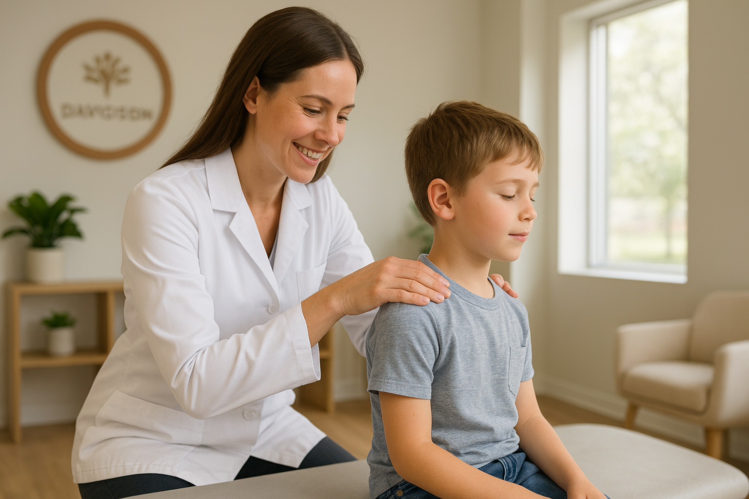 Female chiropractor performing a gentle pediatric adjustment on a young child at Davidson Family Wellness in Overland Park, KS, promoting holistic children’s spinal health.