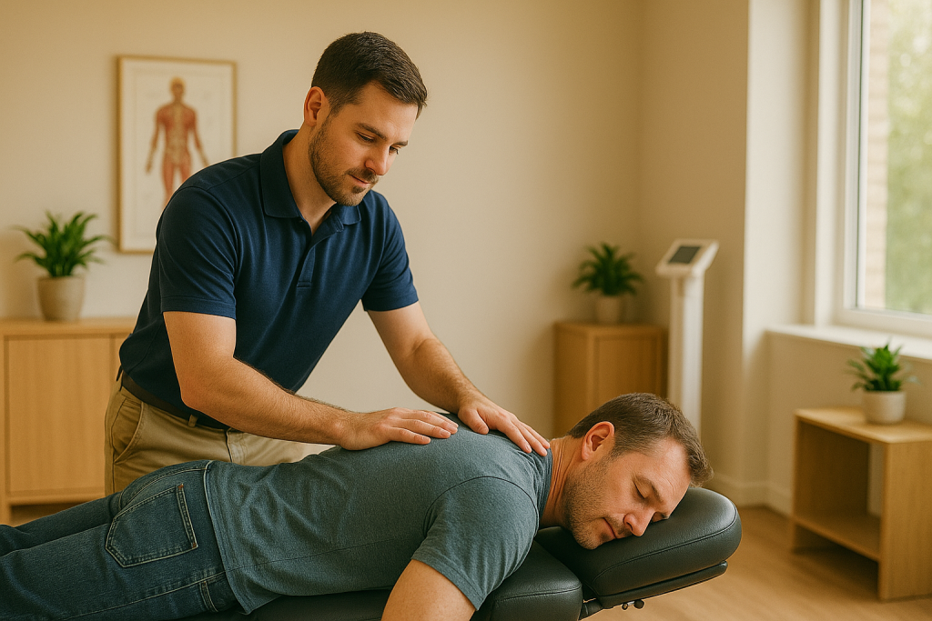 Male chiropractor in Overland Park performing a maintenance chiropractic adjustment on a male patient at Davidson Family Wellness clinic.