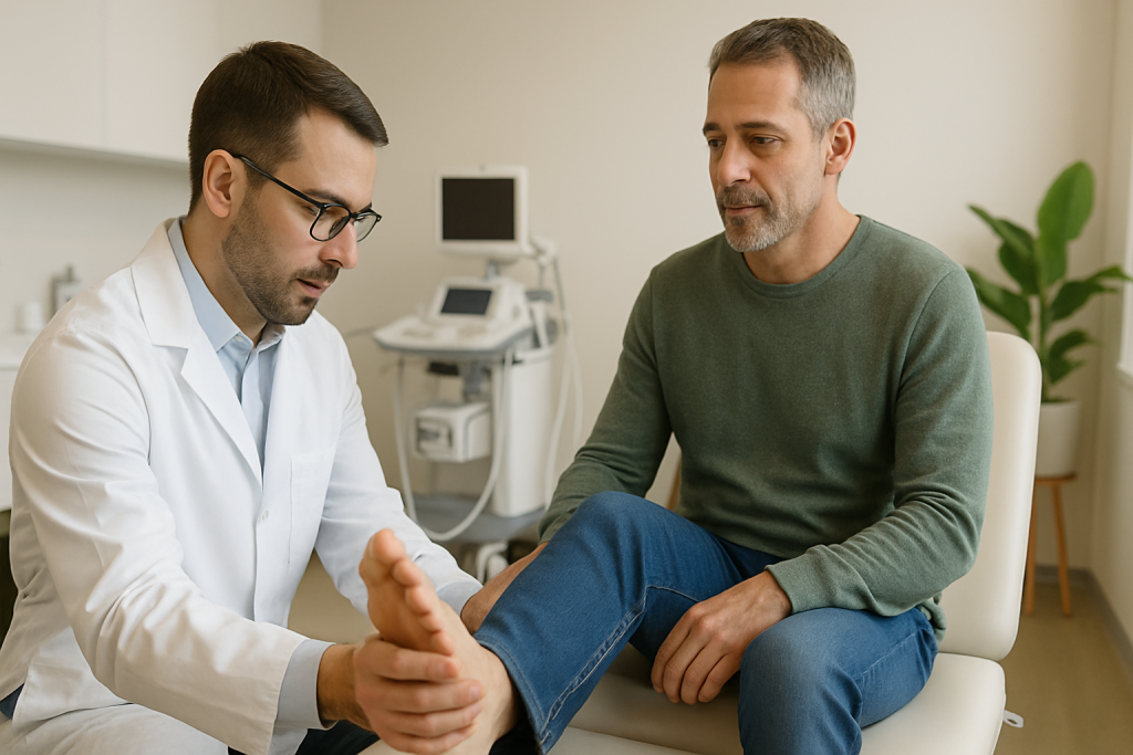 Male chiropractor examining a patient’s leg during neuropathy treatment at Davidson Family Wellness in Overland Park.