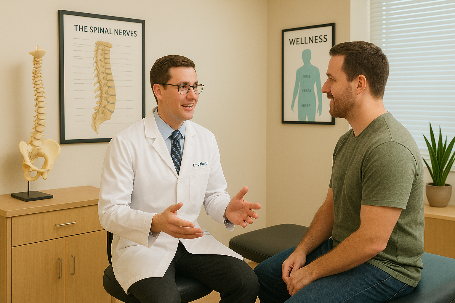 Chiropractor consulting patient in Overland Park clinic focused on spinal wellness and natural healing