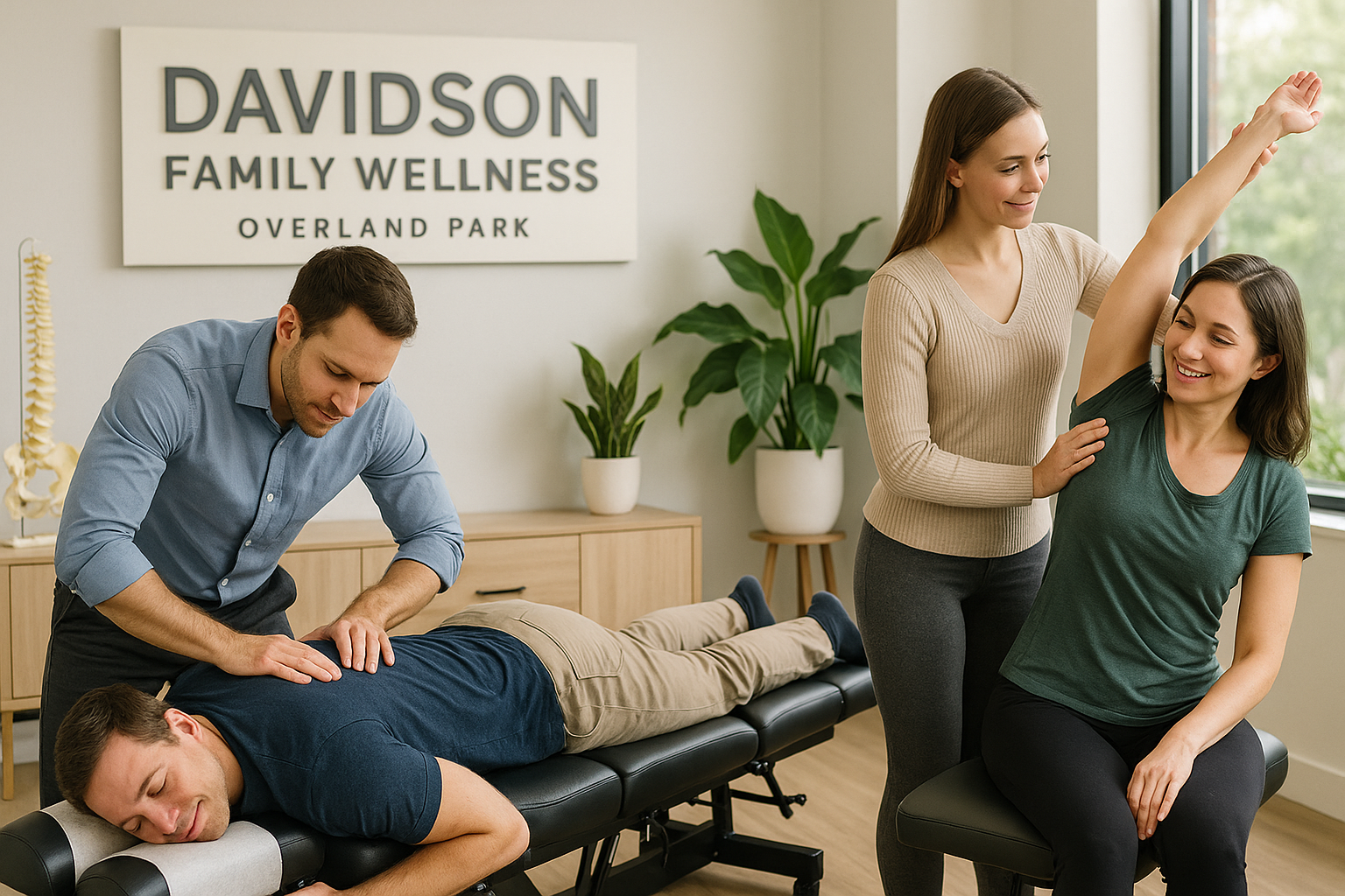 Dr. Jake Davidson providing a spinal maintenance adjustment at Davidson Family Wellness in Overland Park, supporting long-term spinal health.
