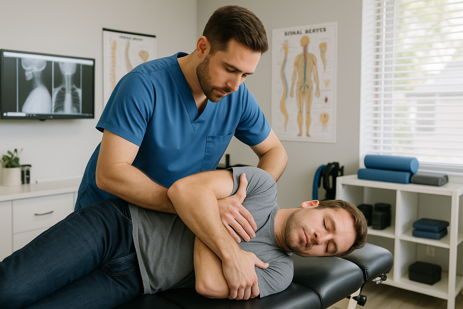 Male chiropractor performing spinal adjustment on a patient at Davidson Family Wellness in Overland Park.