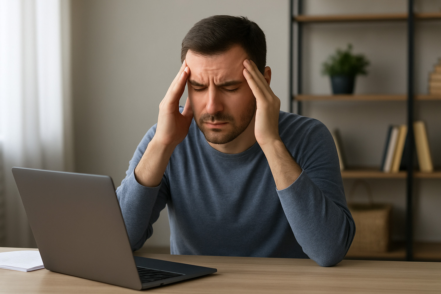 A man holding his temples while sitting at a computer, showing headaches symptoms treated by an Overland Park chiropractor.